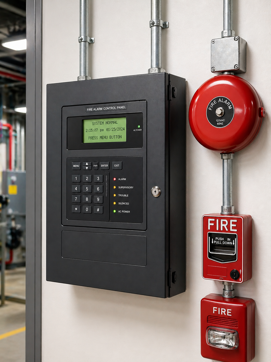 Commercial fire alarm system control panel and smoke detectors