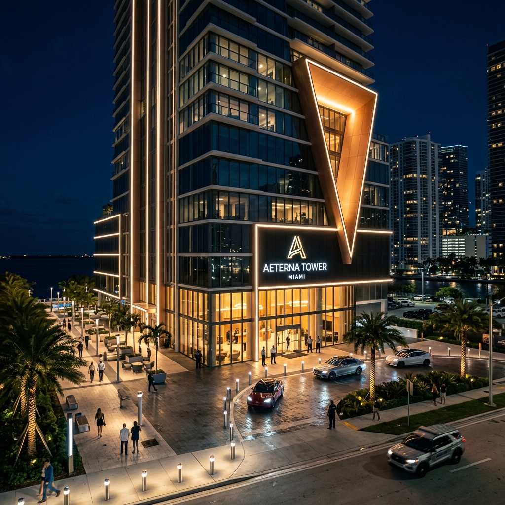 Miami commercial building at night with secure lighting and access control