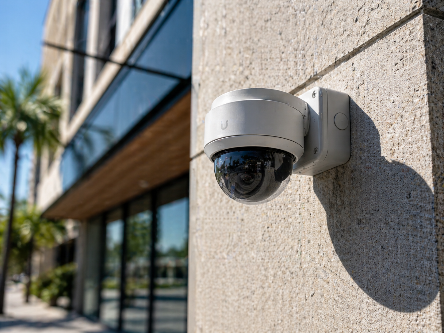 Professional installation of modern CCTV security cameras on a building